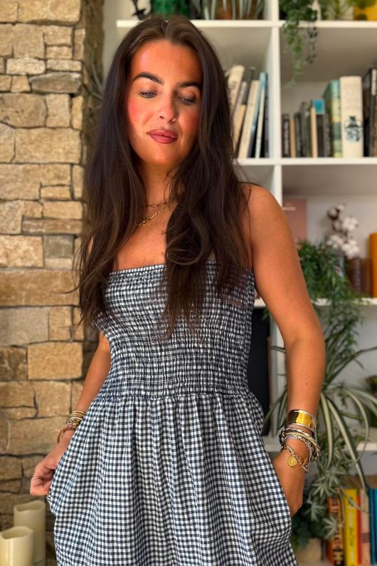 Arbi Gingham Shirring Bandeau Jumpsuit Navy